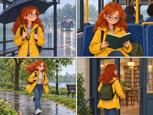 Four comic panels of the same red-haired girl in a yellow raincoat at a bus stop, on a bus, in a park and at a library