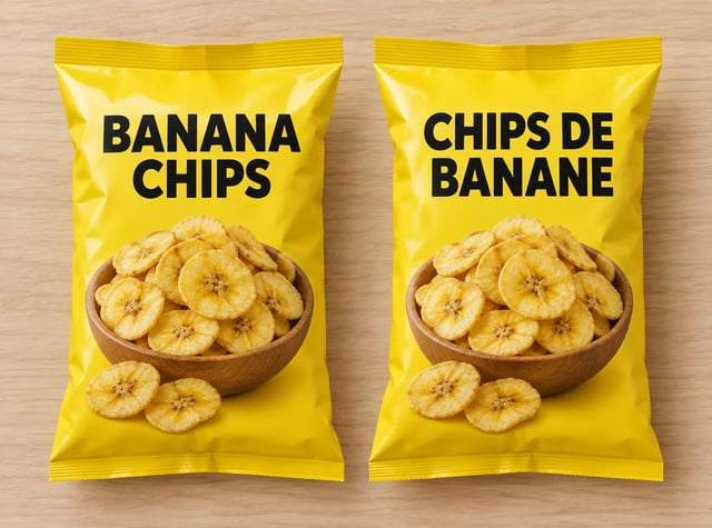 Two banana chip bags with the same design labeled BANANA CHIPS and CHIPS DE BANANE
