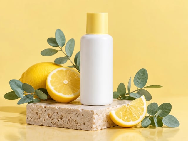 White skincare bottle with a pale yellow cap on a travertine pedestal with lemons and eucalyptus