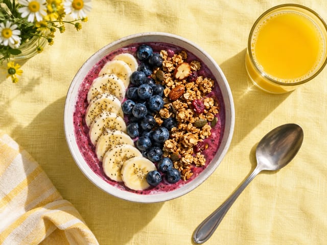 Overhead smoothie bowl topped with banana slices, blueberries and granola on yellow linen