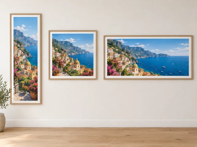Tre stampe incorniciate dello stesso villaggio costiero in formato verticale, quadrato e panoramico su una parete bianca