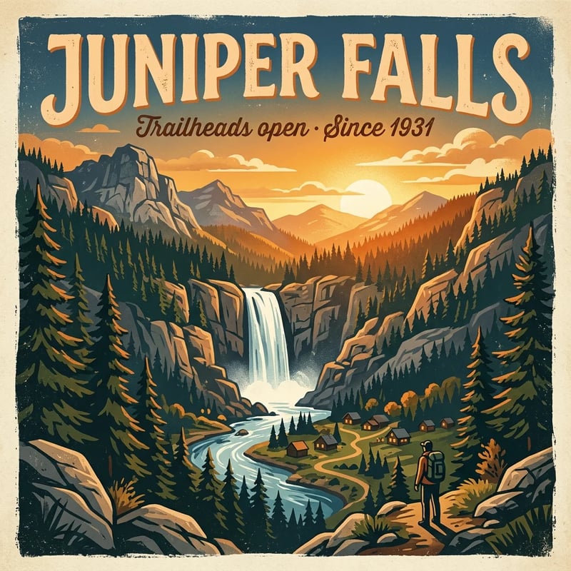 Poster di viaggio con le scritte JUNIPER FALLS e Trailheads open · Since 1931, con cascata, fiume, baite ed escursionista al tramonto, creato con Nano Banana 2