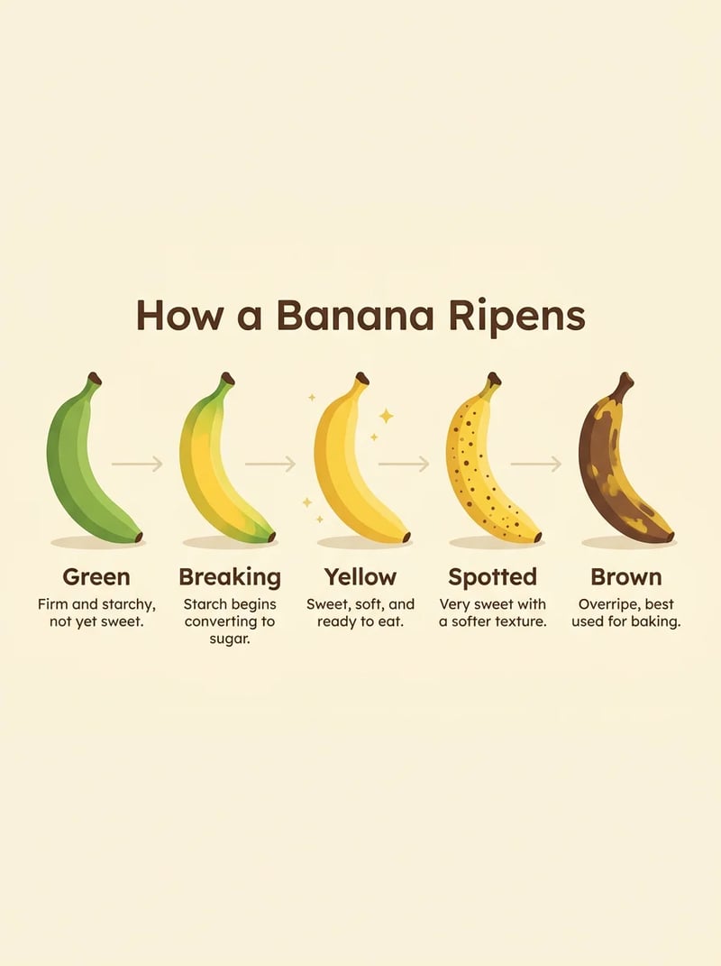 Infografica intitolata How a Banana Ripens con cinque banane su una riga, etichettate Green, Breaking, Yellow, Spotted e Brown, creata con Nano Banana 2.1