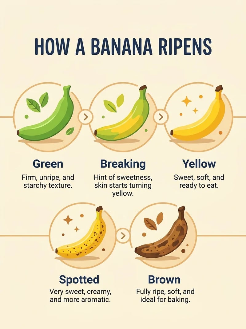 Infografica intitolata HOW A BANANA RIPENS con cinque fasi della banana dentro cerchi disposti su due righe, creata con Nano Banana 2