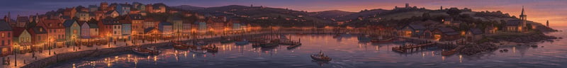 Panorama 8:1 di una cittadina portuale al crepuscolo con case illuminate, barche ormeggiate e colline, creato con Nano Banana 2.1