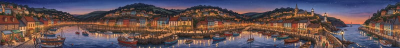 Panorama 8:1 di una cittadina portuale di notte con case colorate, file di lucine e barche da pesca, creato con Nano Banana 2