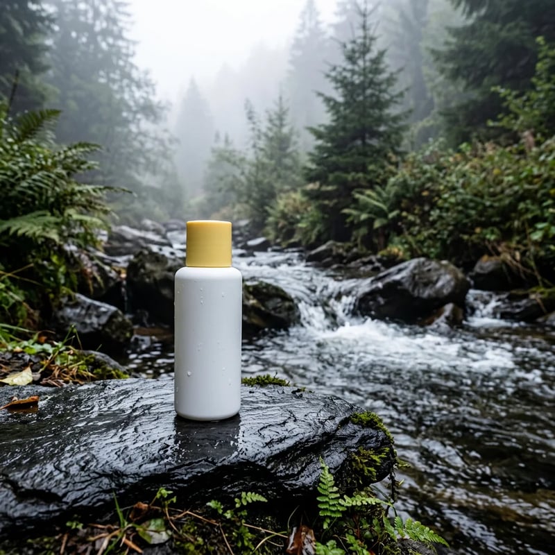 Flacone bianco con tappo giallo chiaro su una roccia di ardesia nera bagnata accanto a un torrente di montagna nella nebbia, creato con Nano Banana 2.1