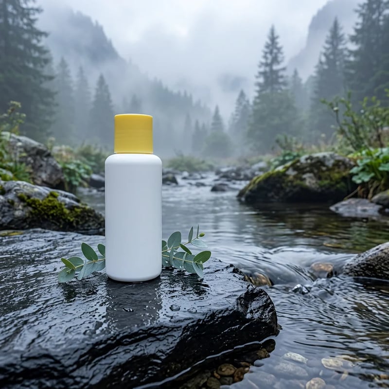 Flacone bianco con tappo giallo acceso e rametti di eucalipto su una roccia di ardesia nera bagnata in un torrente nella nebbia, creato con Nano Banana 2
