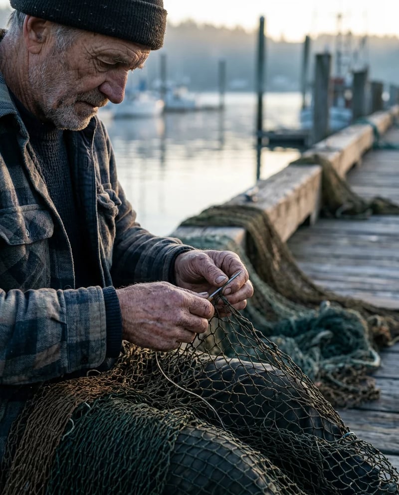 Anziano pescatore con berretto di lana e camicia di flanella che ripara una rete verde su un pontile avvolto nella nebbia all'alba, creato con Nano Banana 2.1