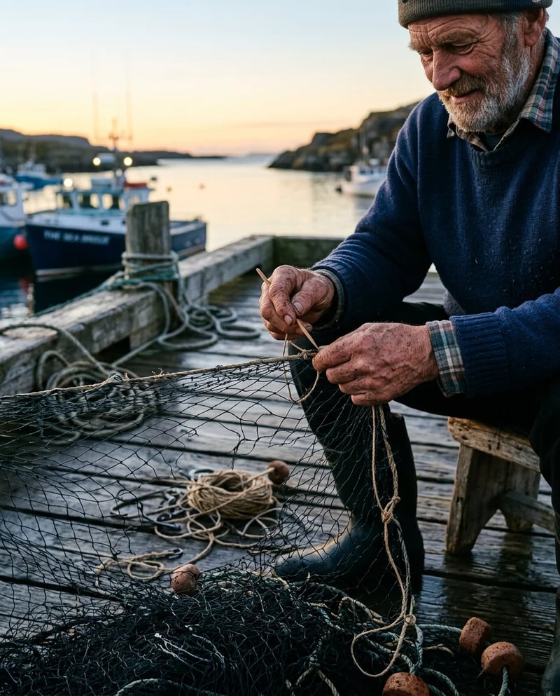 Anziano pescatore con maglione blu che ripara una rete su un pontile all'alba, con un peschereccio alle spalle, creato con Nano Banana 2