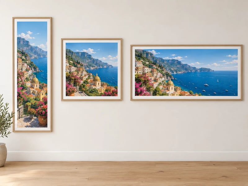 Three framed prints of the same coastal village in tall, square and wide proportions on a white wall