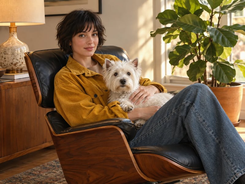 Woman in a mustard corduroy jacket on a walnut lounge chair holding a white terrier in warm window light