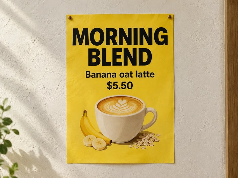 Banana yellow cafe poster reading MORNING BLEND and Banana oat latte on a cream plaster wall